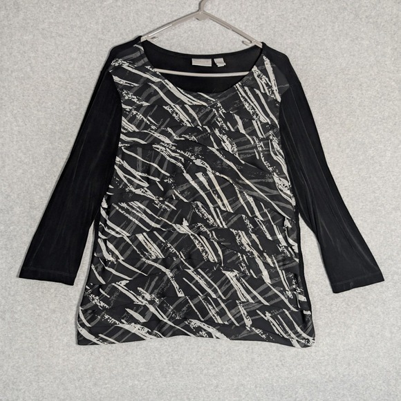 Chico's Tops - Chicos Travelers Top Size 3 Black Abstract 3/4 Sleeve Scoop Neck XL Tiered